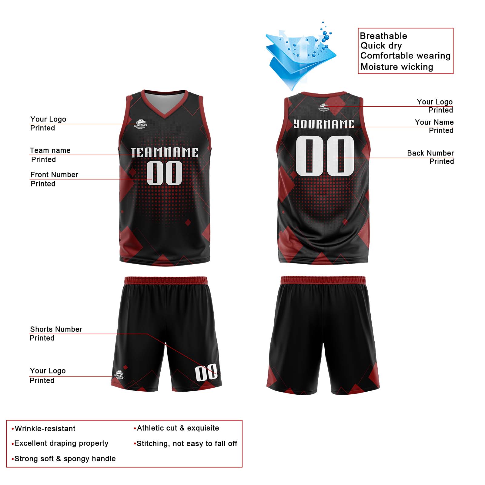 Custom Geometry Red Basketball Jersey Uniform Suit Printed Your Logo Name Number