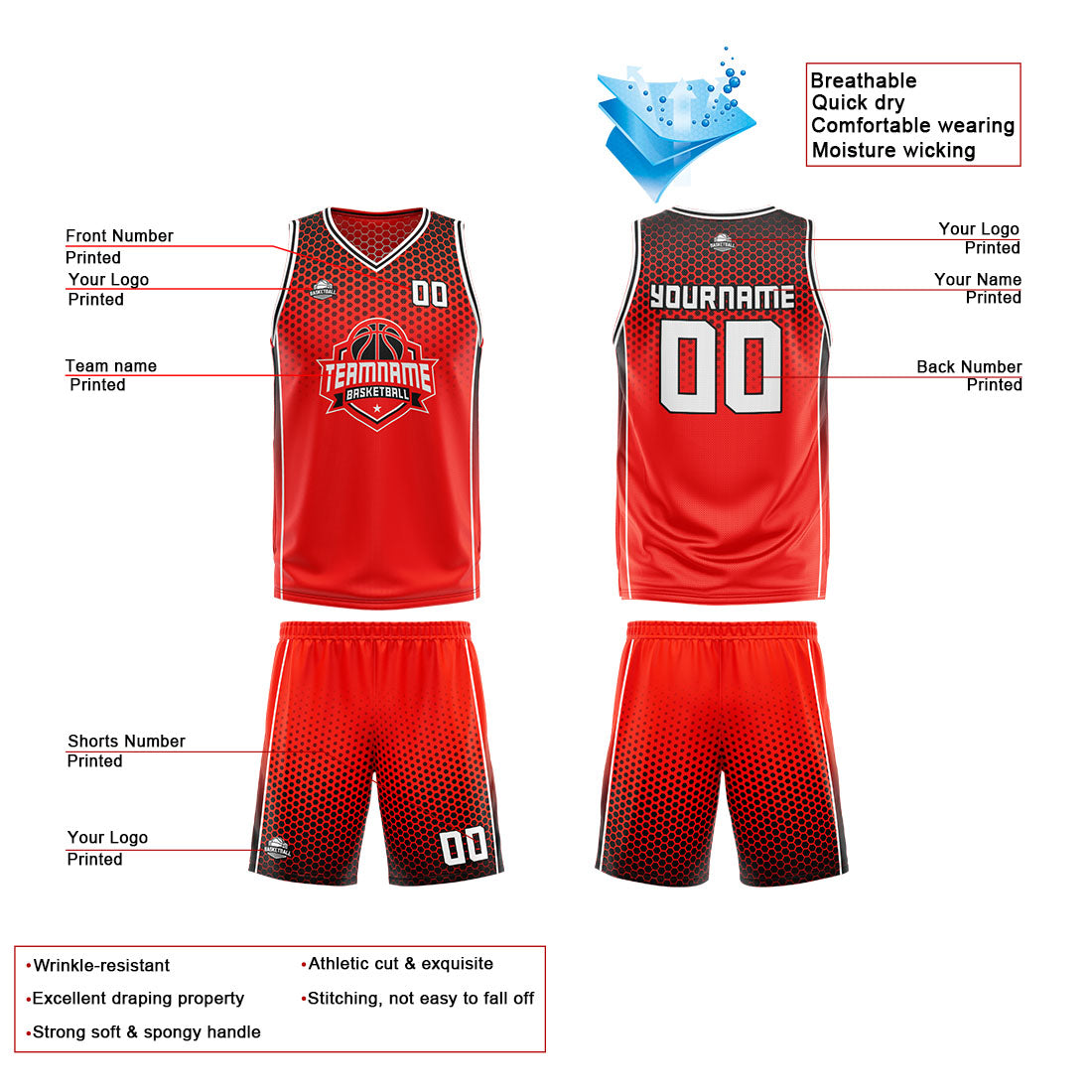 Custom Red Black White Reversible Basketball Suit for Adults and Kids Personalized Jersey
