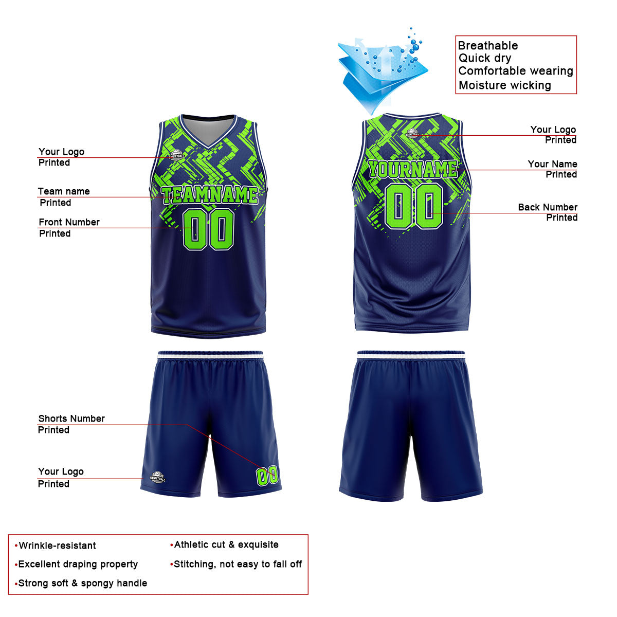Custom Navy Neon Green Basketball Jersey Uniform Suit Printed Your Logo Name Number