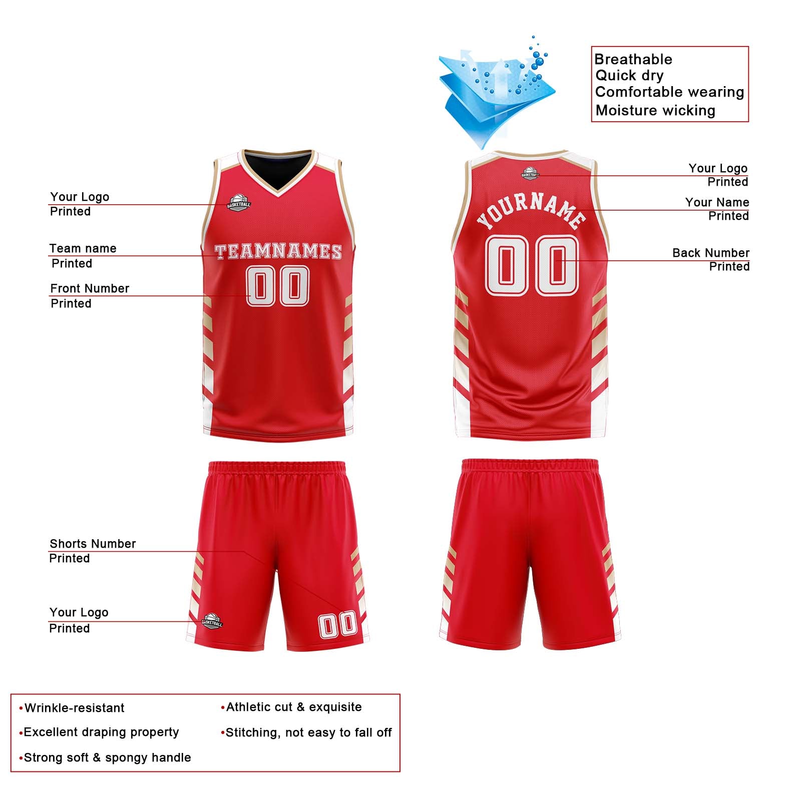Custom Red Navy Gold Reversible Basketball Suit for Adults and Kids Personalized Jersey