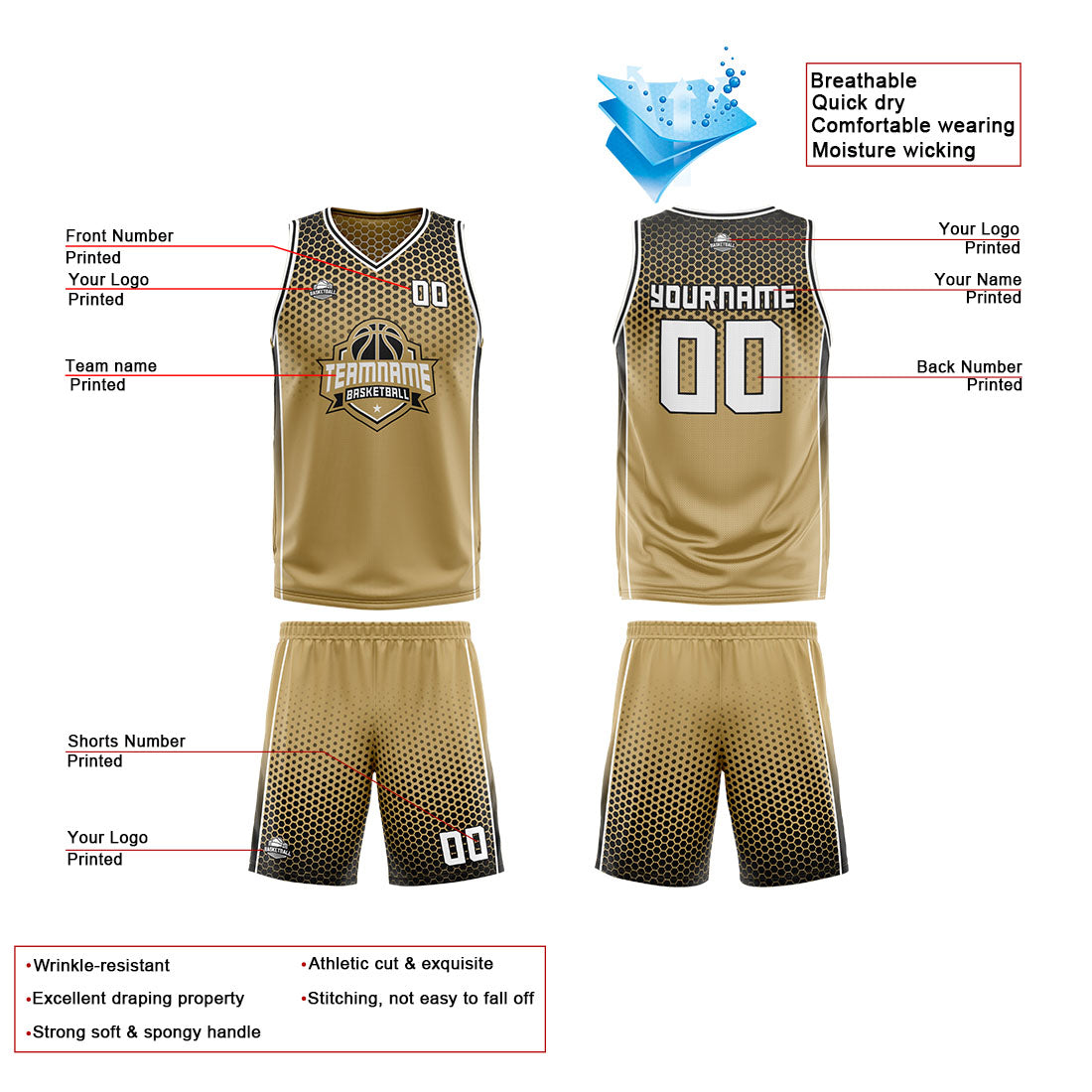 Custom Old Gold Black White Reversible Basketball Suit for Adults and Kids Personalized Jersey