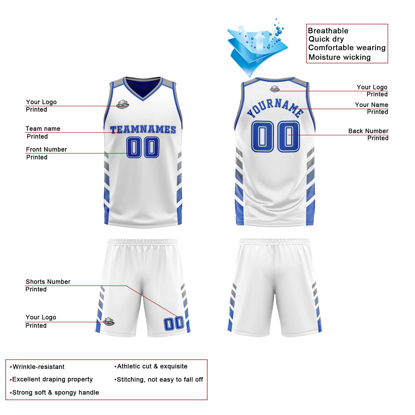 Custom White Blue Grey Reversible Basketball Suit for Adults and Kids Personalized Jersey