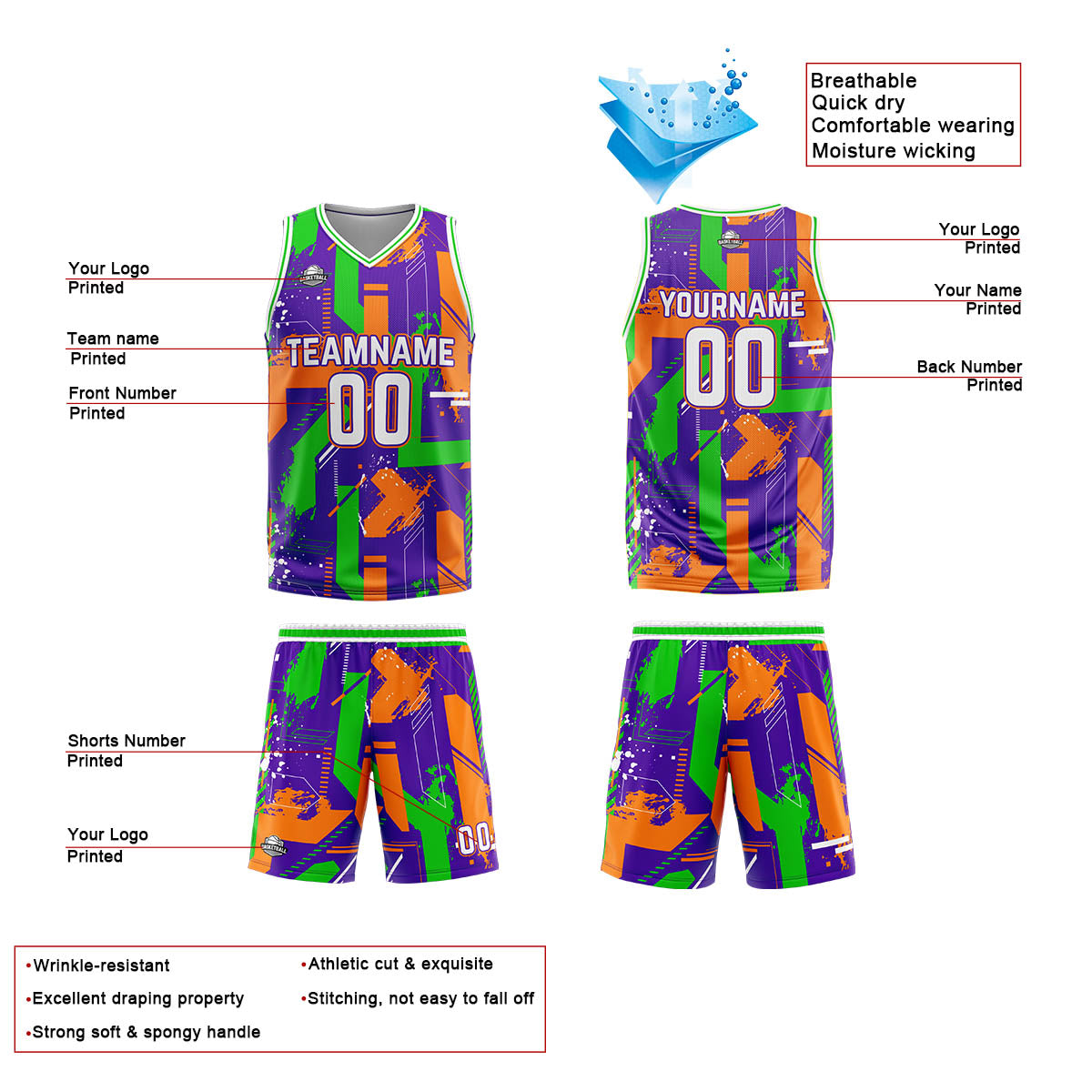 Custom Geometry Purple Orange Basketball Jersey Uniform Suit Printed Your Logo Name Number