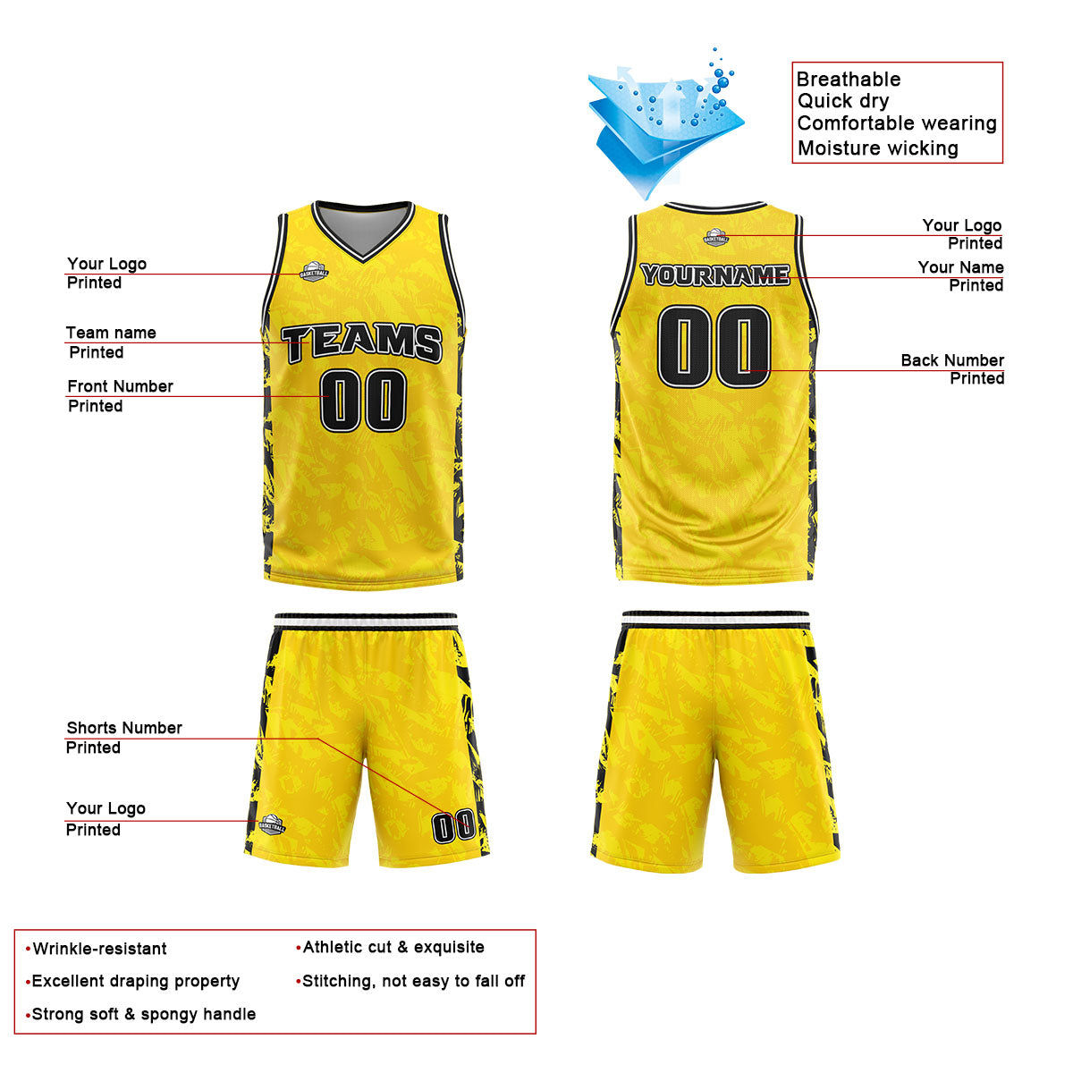 Custom Broken Yellow Basketball Jersey Uniform Suit Printed Your Logo Name Number