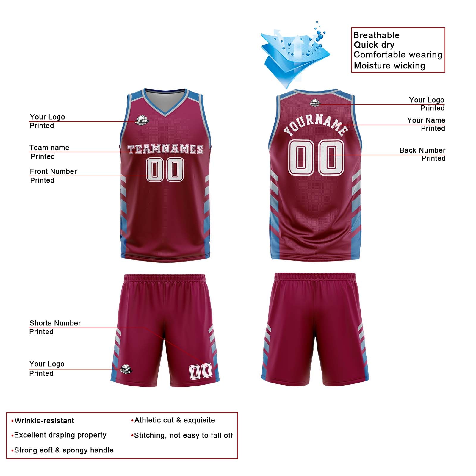 Custom Burgundy White Blue Reversible Basketball Suit for Adults and Kids Personalized Jersey