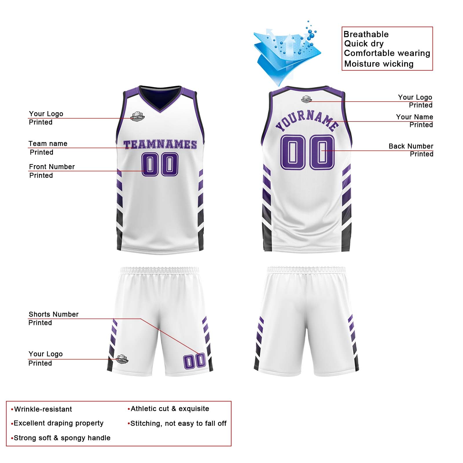 Custom White Purple Black Reversible Basketball Suit for Adults and Kids Personalized Jersey
