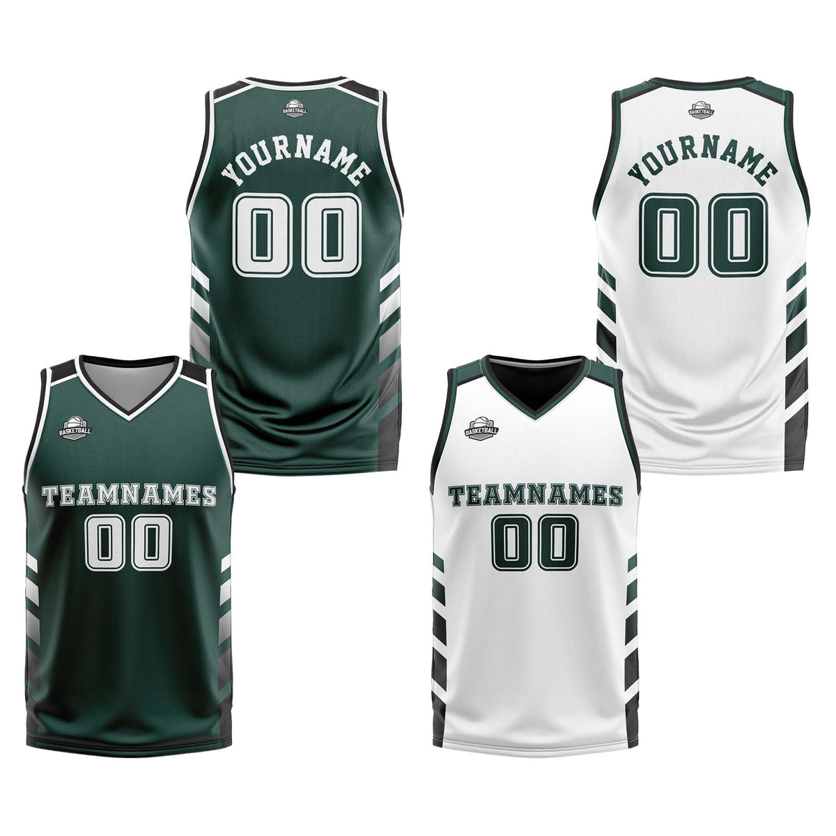Custom Deep Green White Black Reversible Basketball Suit for Adults and Kids Personalized Jersey