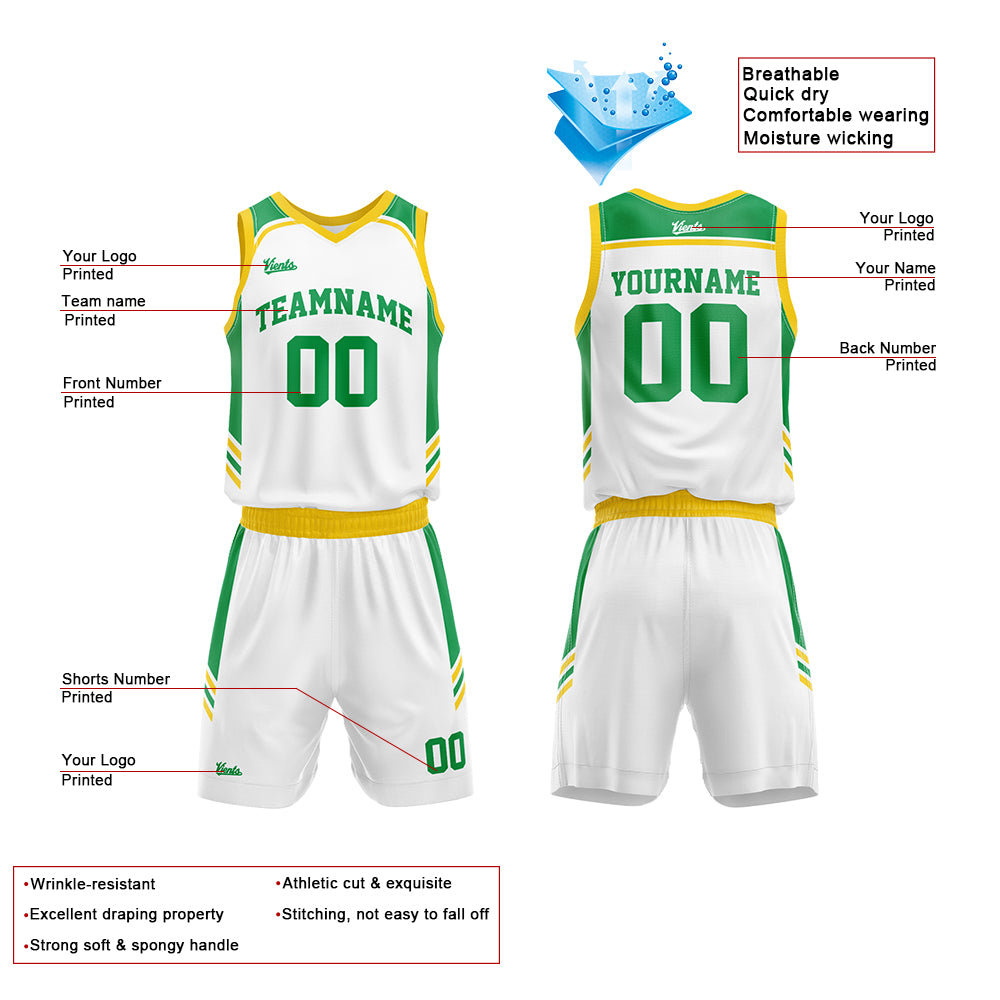 Custom White Green Yellow Basketball Jersey Uniform Suit Printed Your Logo Name Number