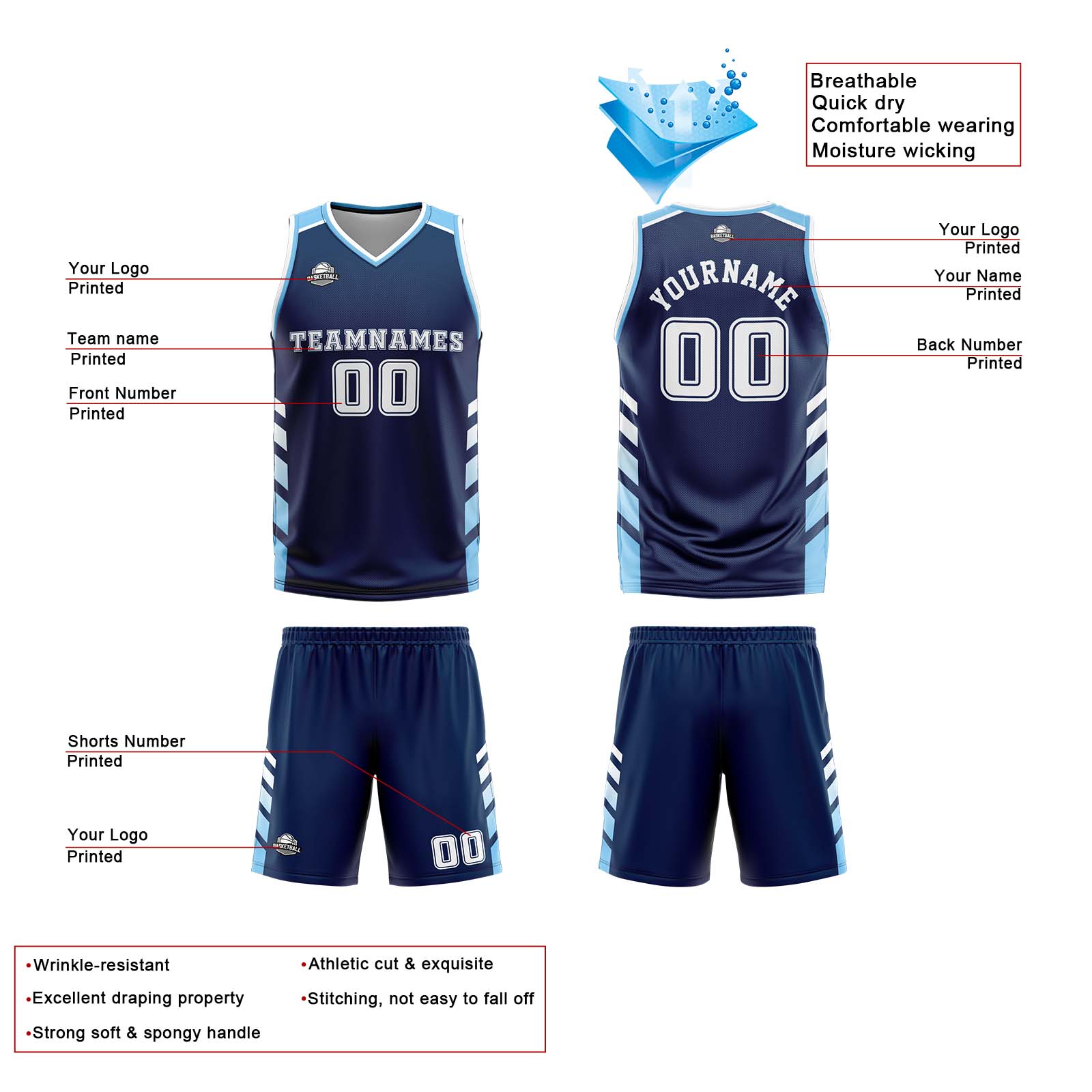 Custom Navy White Light  Blue Reversible Basketball Suit for Adults and Kids Personalized Jersey