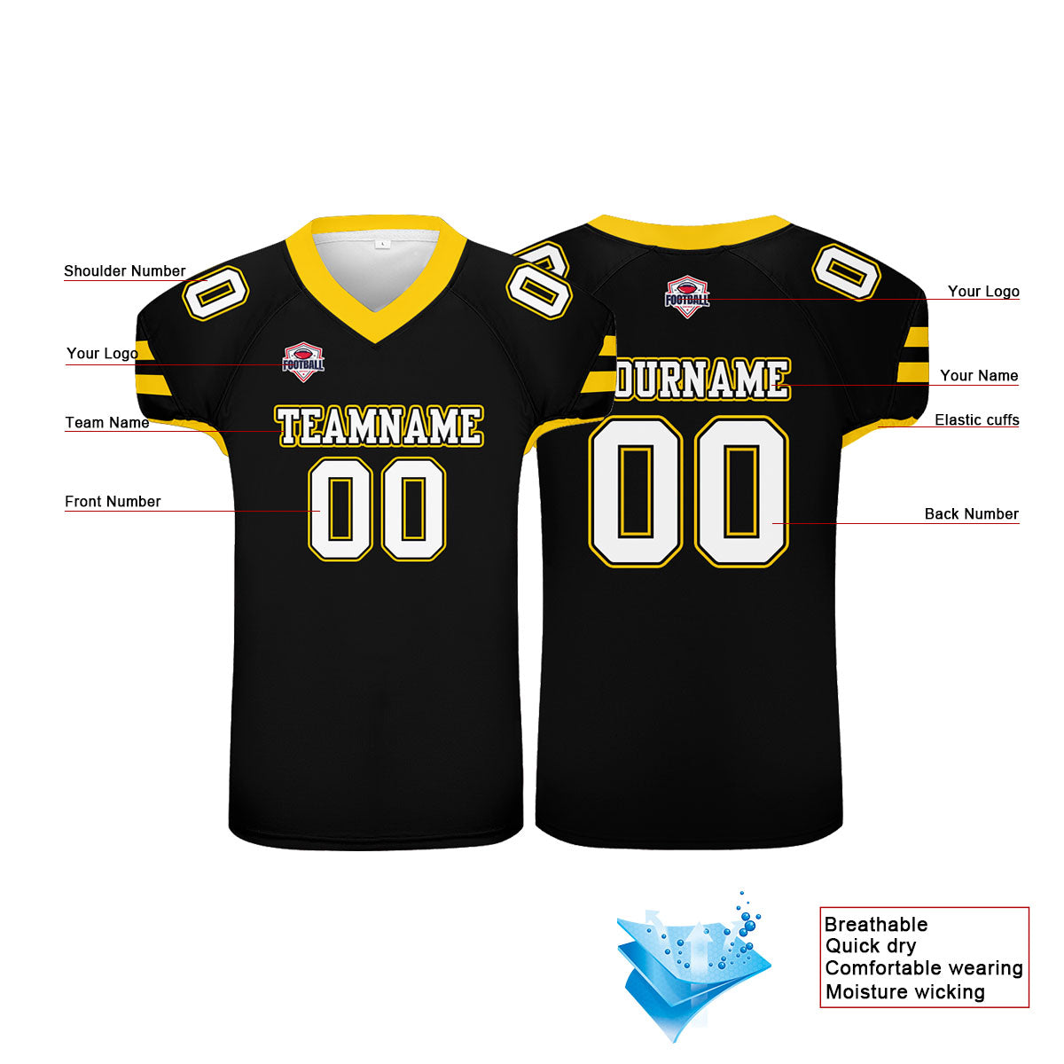 Custom Football Jersey Shirt Personalized Printed Team Name Number Black