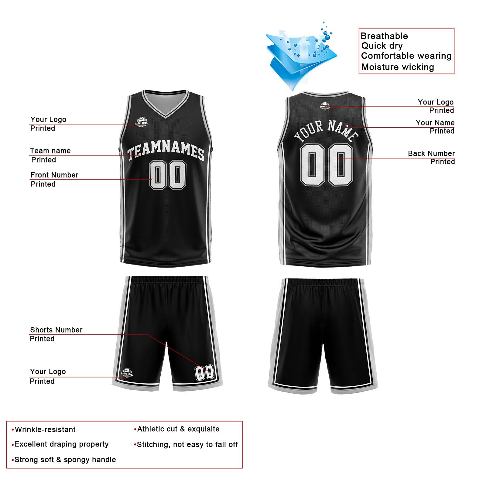 Custom Black White Grey Reversible Basketball Suit for Adults and Kids Personalized Jersey