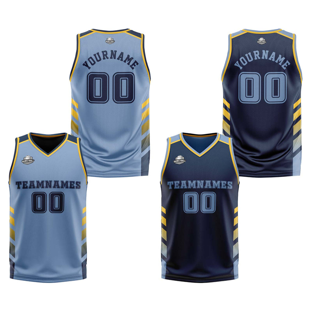 Custom Light Blue Navy Yellow Reversible Basketball Suit for Adults and Kids Personalized Jersey