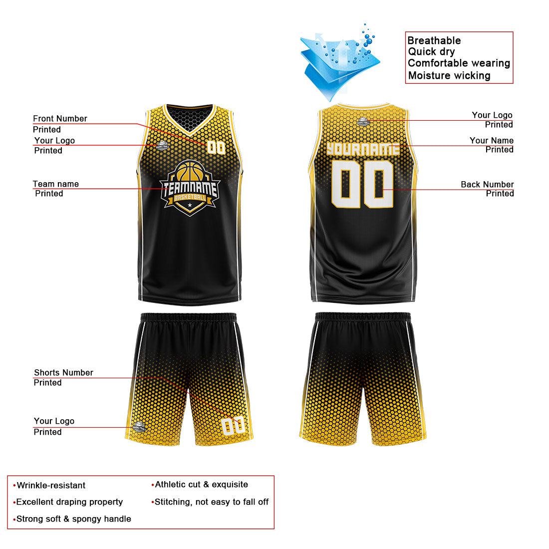Custom Black Yellow White Reversible Basketball Suit for Adults and Kids Personalized Jersey