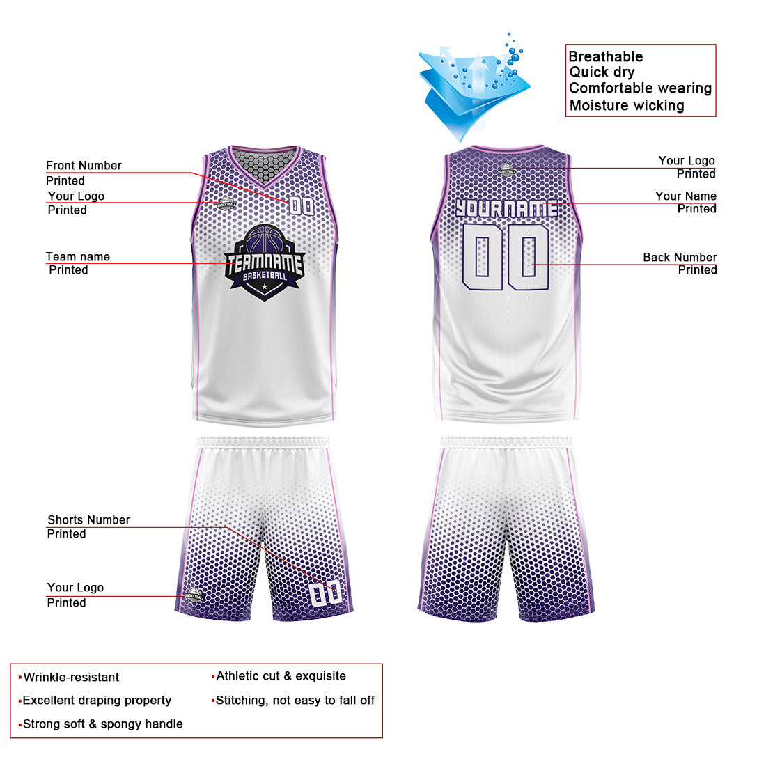 Custom White Purple Pink Reversible Basketball Suit for Adults and Kids Personalized Jersey