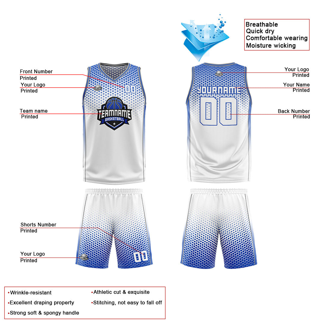 Custom White Blue Reversible Basketball Suit for Adults and Kids Personalized Jersey