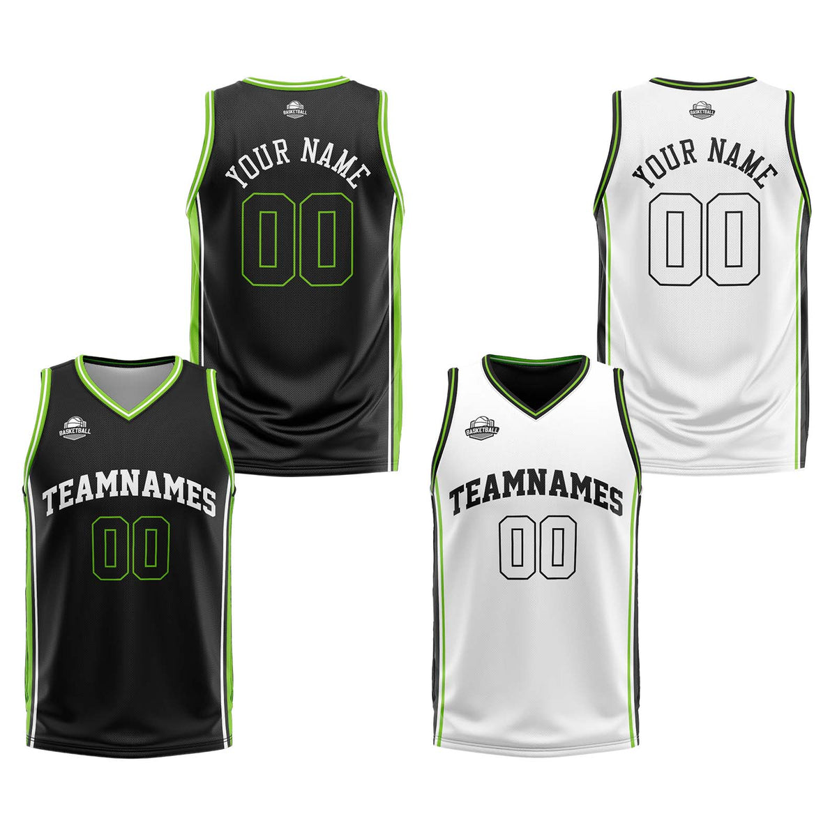 Custom Black White Neon Green Reversible Basketball Suit for Adults and Kids Personalized Jersey