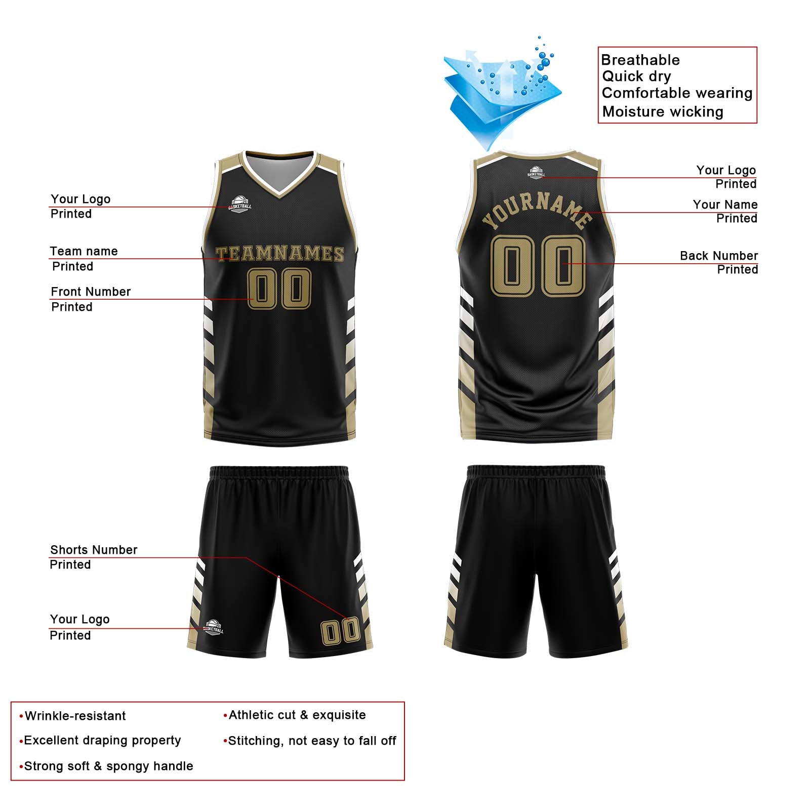 Custom Black White Gold Reversible Basketball Suit for Adults and Kids Personalized Jersey