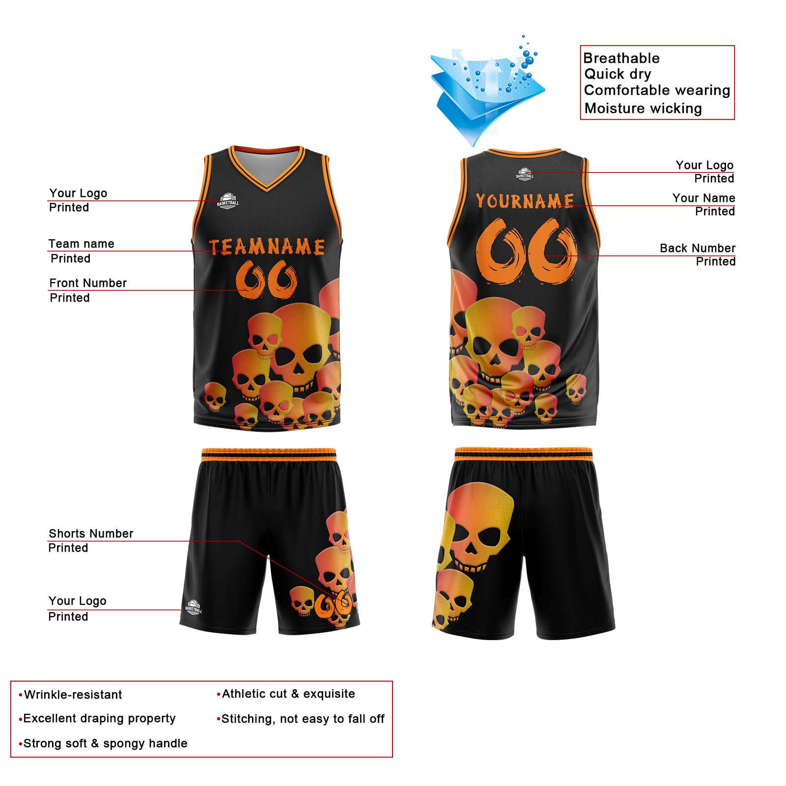 Custom Fluid Orange Basketball Jersey Uniform Suit Printed Your Logo Name Number