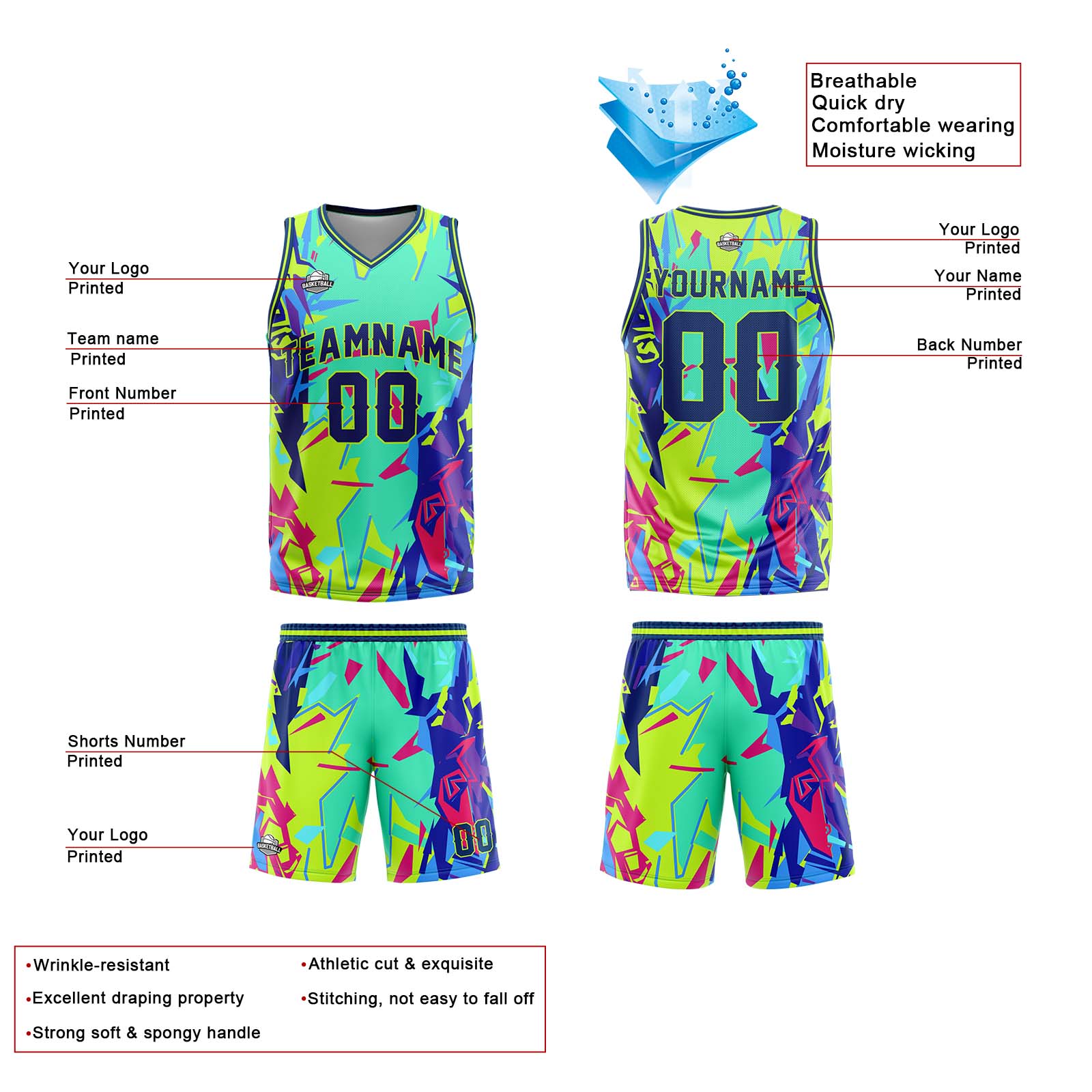 Custom Broken Green Basketball Jersey Uniform Suit Printed Your Logo Name Number