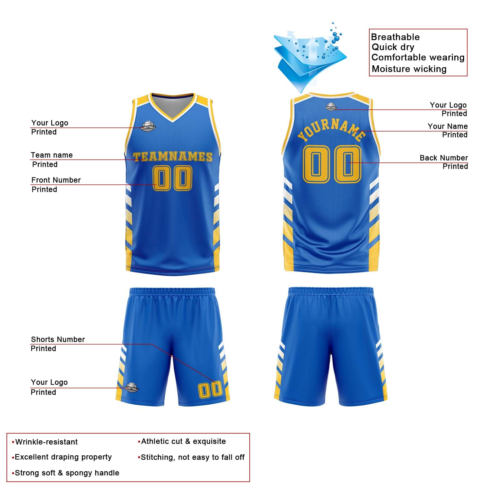 Custom Blue White Yellow Reversible Basketball Suit for Adults and Kids Personalized Jersey