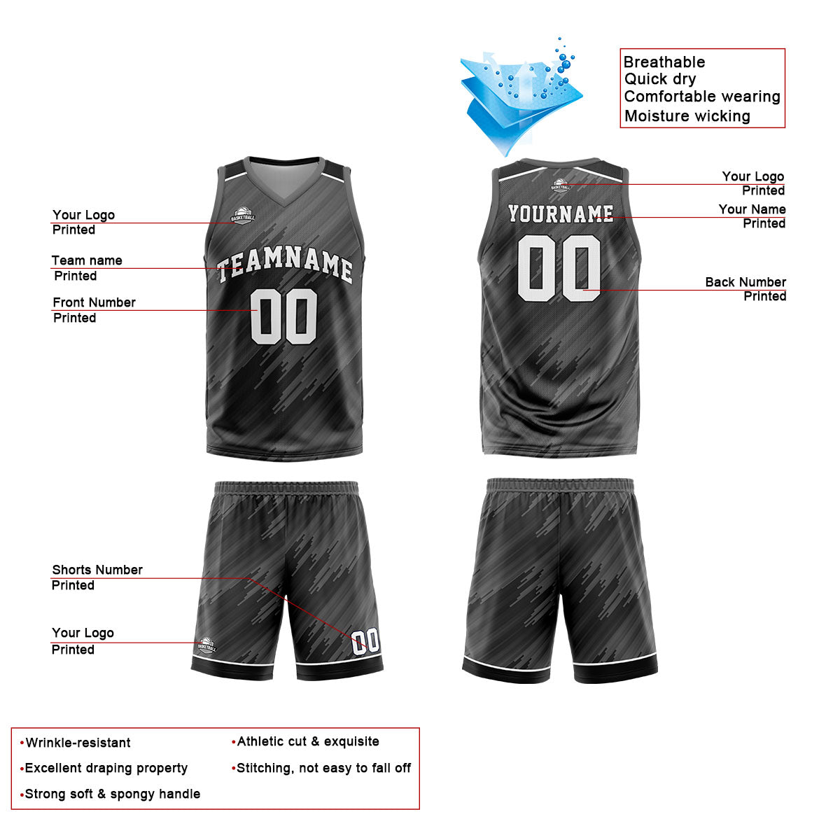 Custom Strip-Type Grey Basketball Jersey Uniform Suit Printed Your Logo Name Number