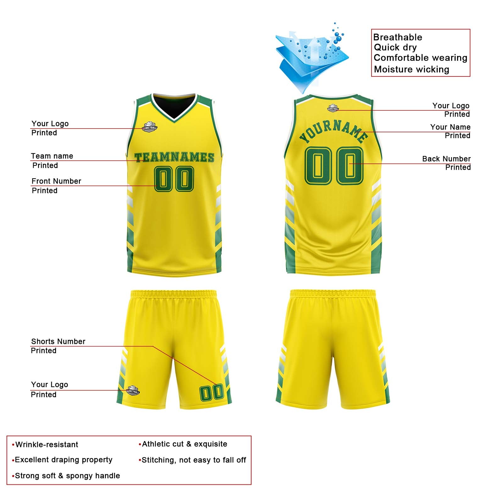 Custom Yellow Green White Reversible Basketball Suit for Adults and Kids Personalized Jersey