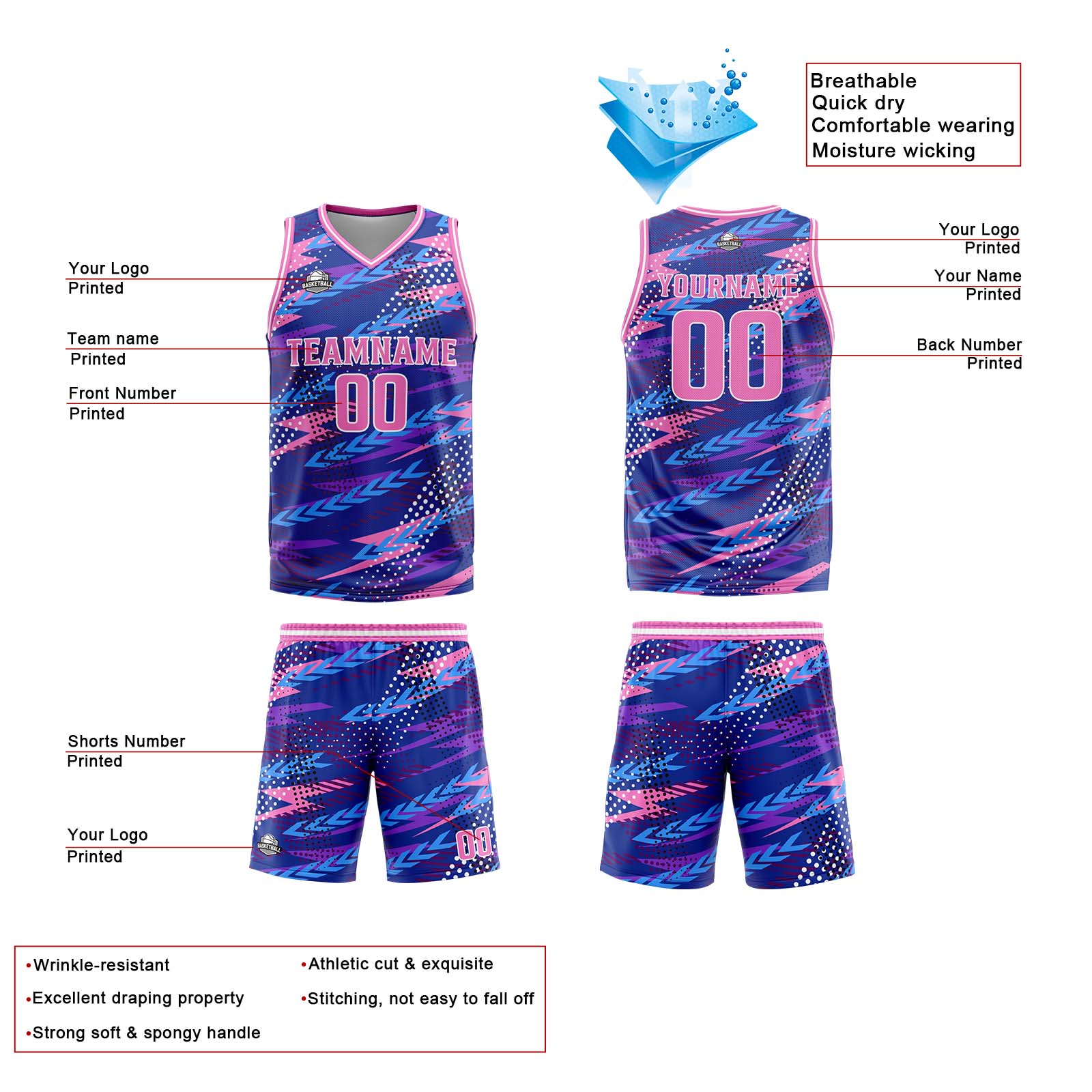 Custom Pink Purple Basketball Jersey Uniform Suit Printed Your Logo Name Number