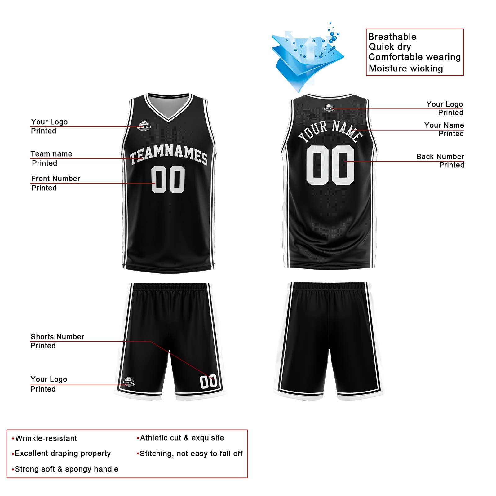 Custom Black White Reversible Basketball Suit for Adults and Kids Personalized Jersey