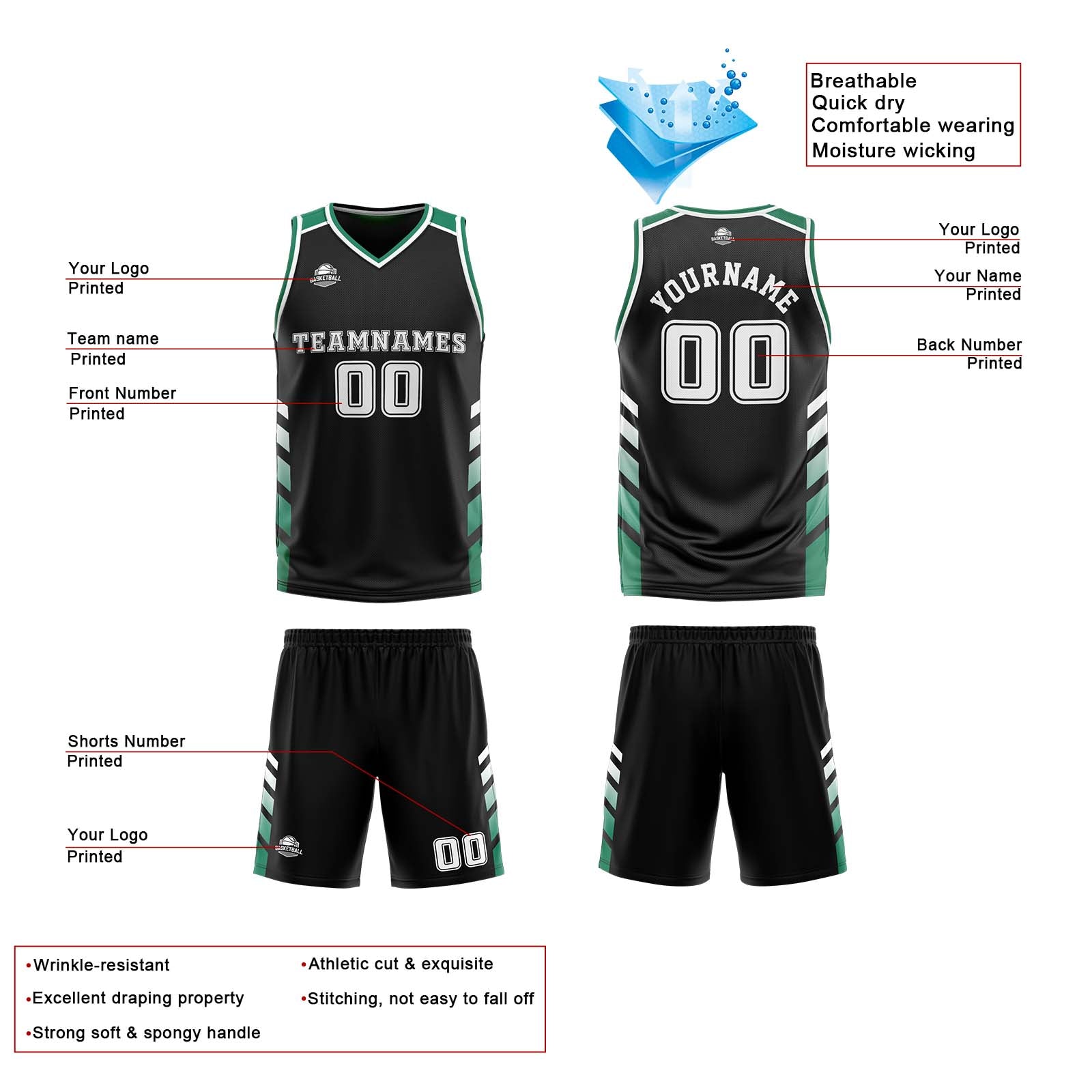 Custom Black Green White Reversible Basketball Suit for Adults and Kids Personalized Jersey