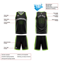 Custom Black White Neon Green Reversible Basketball Suit for Adults and Kids Personalized Jersey