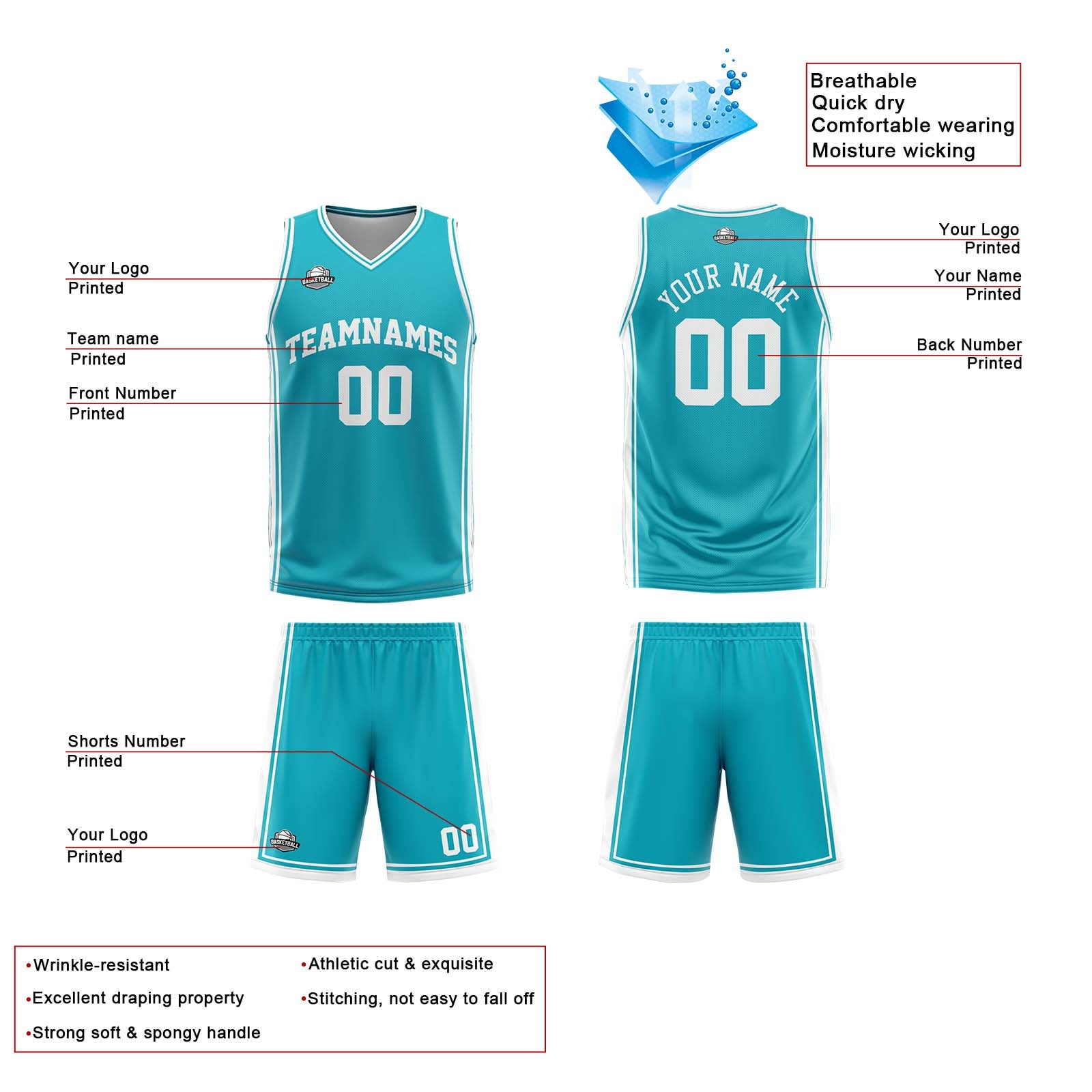 Custom Cyan White Reversible Basketball Suit for Adults and Kids Personalized Jersey
