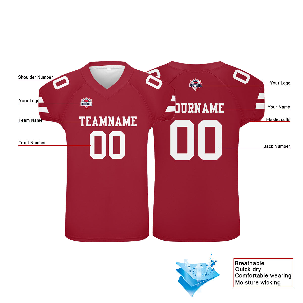 Custom Football Jersey Shirt Personalized Printed Team Name Number Red