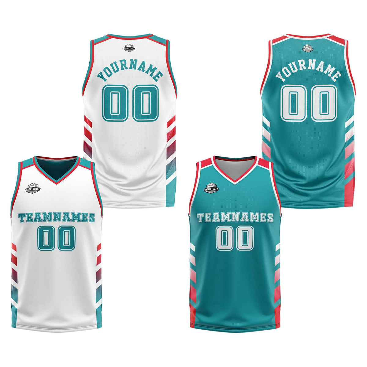 Custom White Teal Red Reversible Basketball Suit for Adults and Kids Personalized Jersey