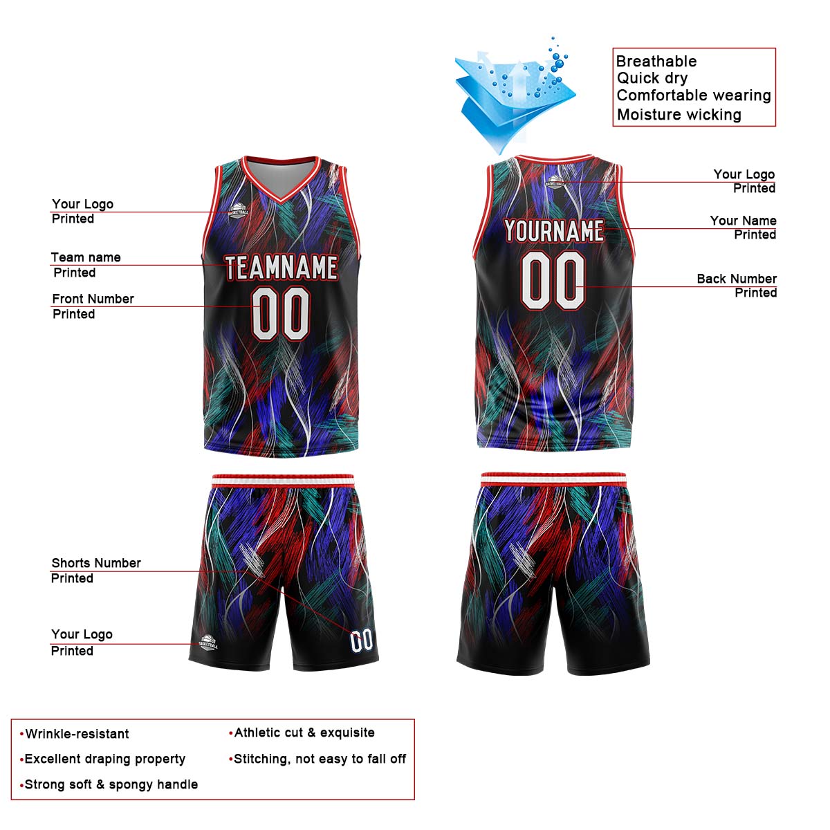 Custom Line Black Red Basketball Jersey Uniform Suit Printed Your Logo Name Number