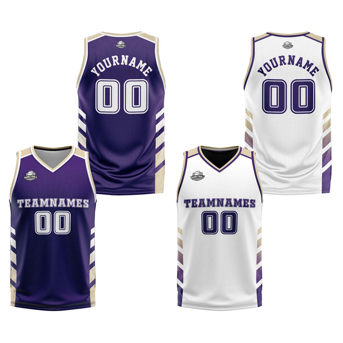 Custom Purple White Cream Reversible Basketball Suit for Adults and Kids Personalized Jersey