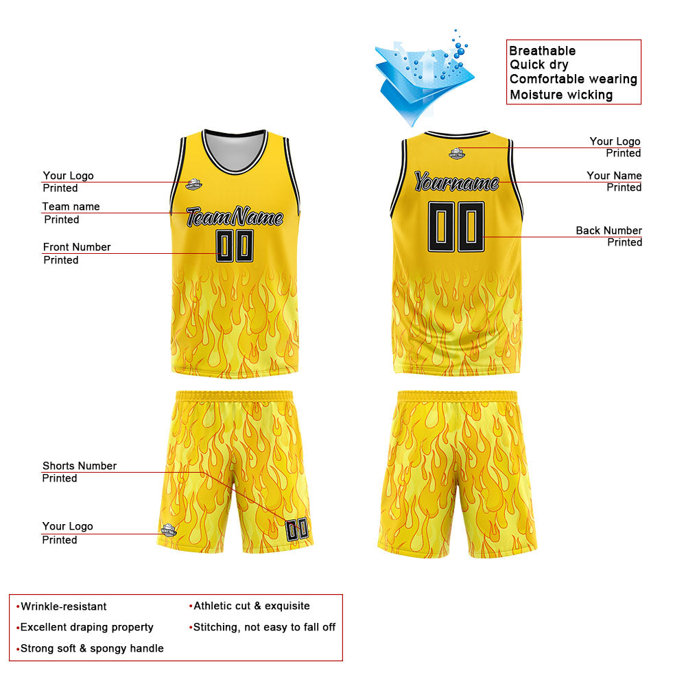 Custom Yellow flame Basketball Jersey Uniform Suit Printed Your Logo Name Number