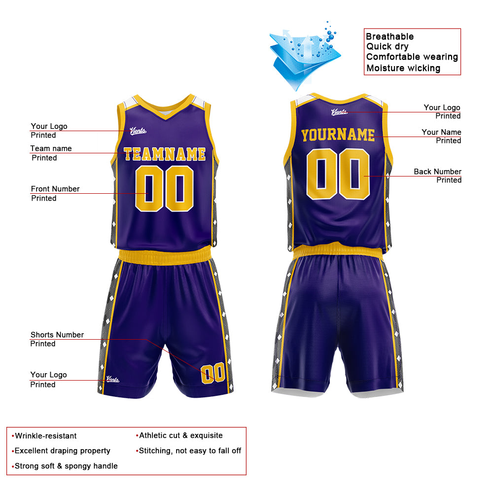 Custom Purple Yellow Basketball Jersey Uniform Suit Printed Your Logo Name Number