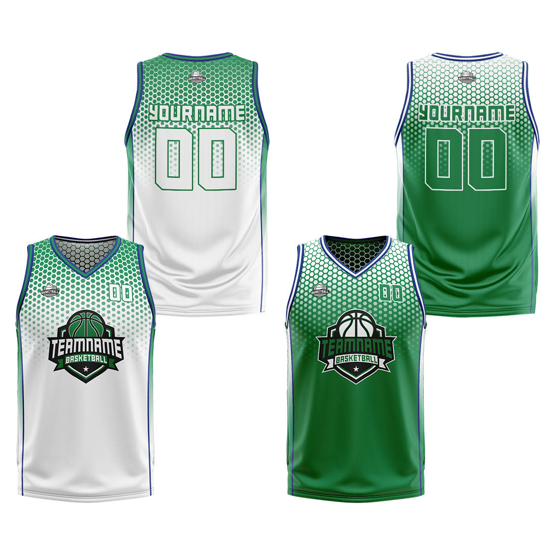 Custom White Green Blue Reversible Basketball Suit for Adults and Kids Personalized Jersey