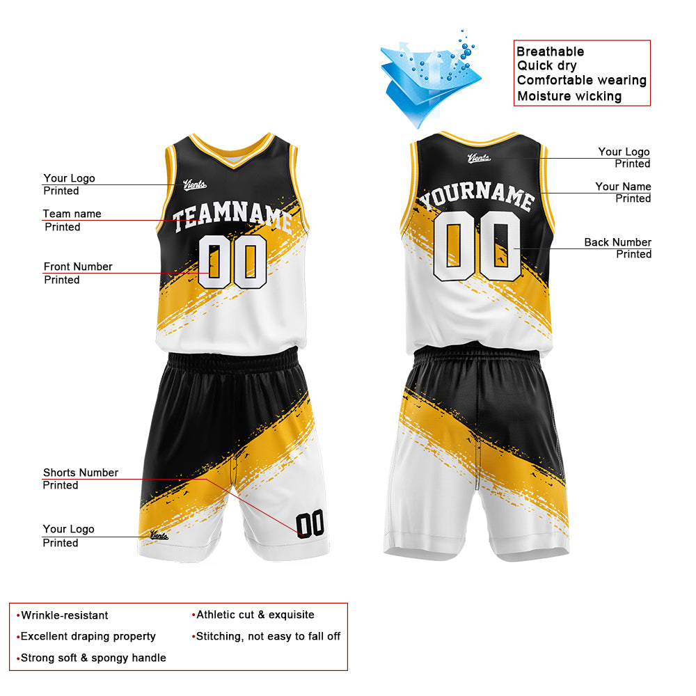 Custom Black Yellow White Basketball Jersey Uniform Suit Printed Your Logo Name Number