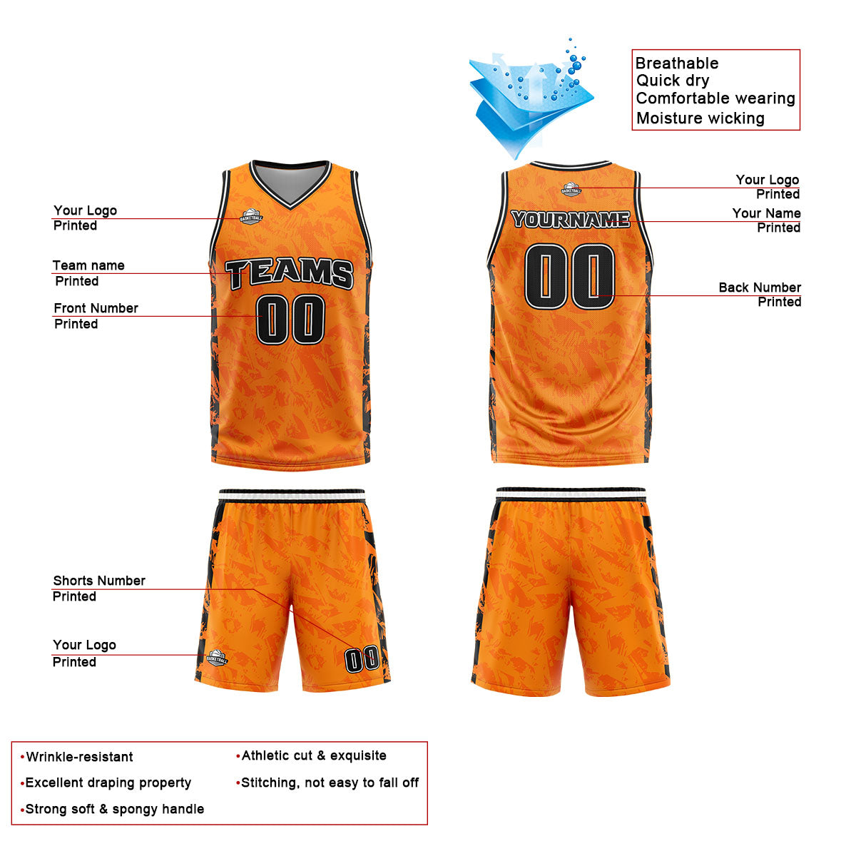 Custom Broken Orange Basketball Jersey Uniform Suit Printed Your Logo Name Number