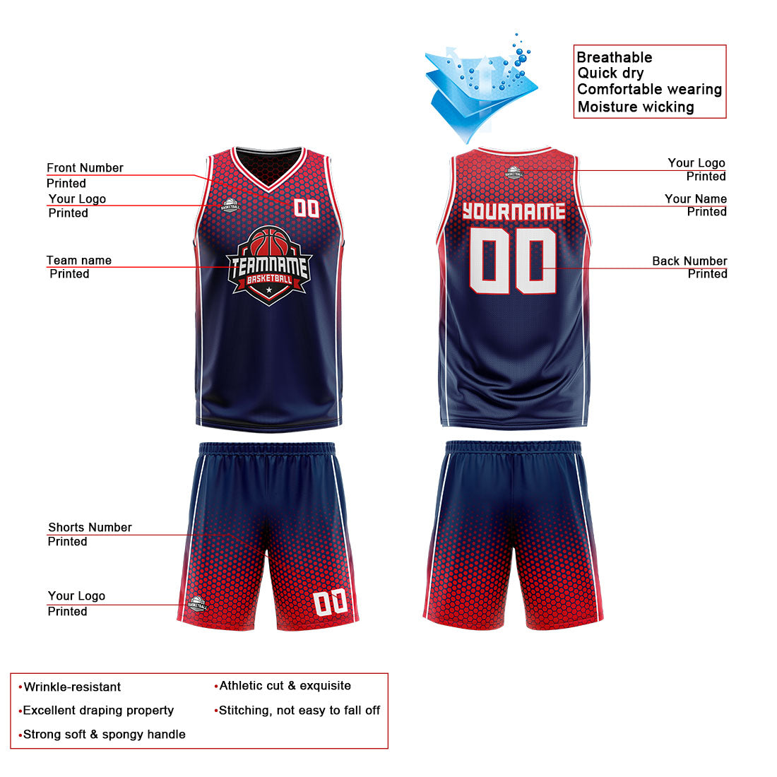 Custom Navy Red Reversible Basketball Suit for Adults and Kids Personalized Jersey