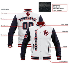 Custom White Navy Red Waterproof Varsity Jackets Personalized Stitched Name Number Logo to Letterman Jackets