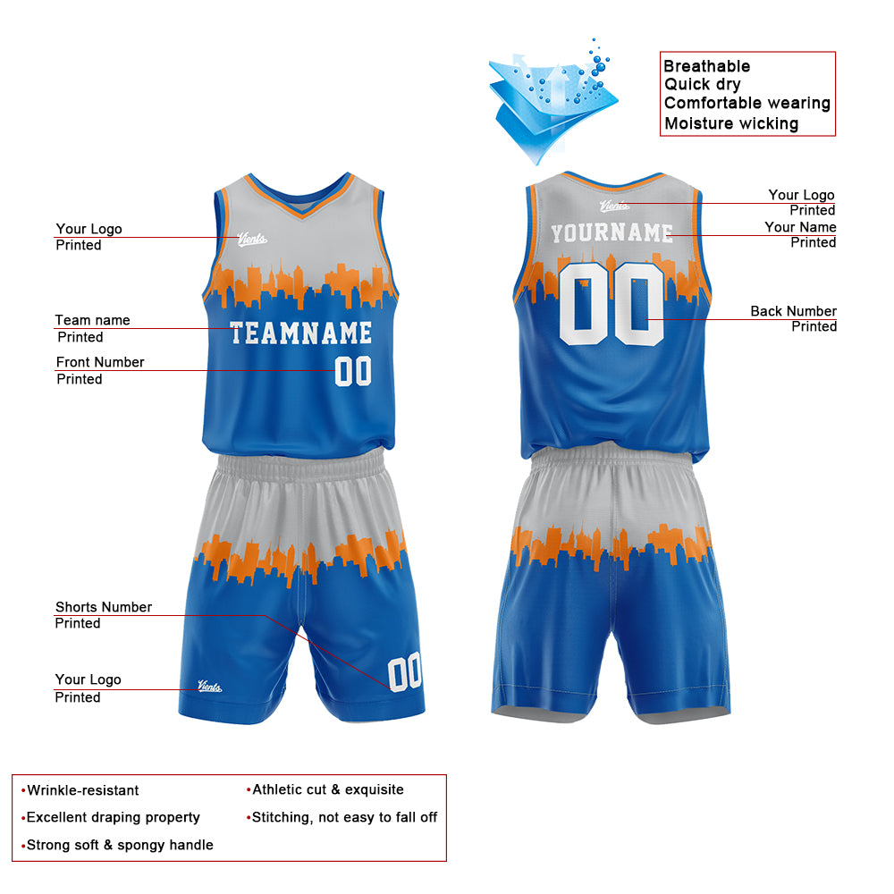 Custom Gray Blue Basketball Jersey Uniform Suit Printed Your Logo Name Number