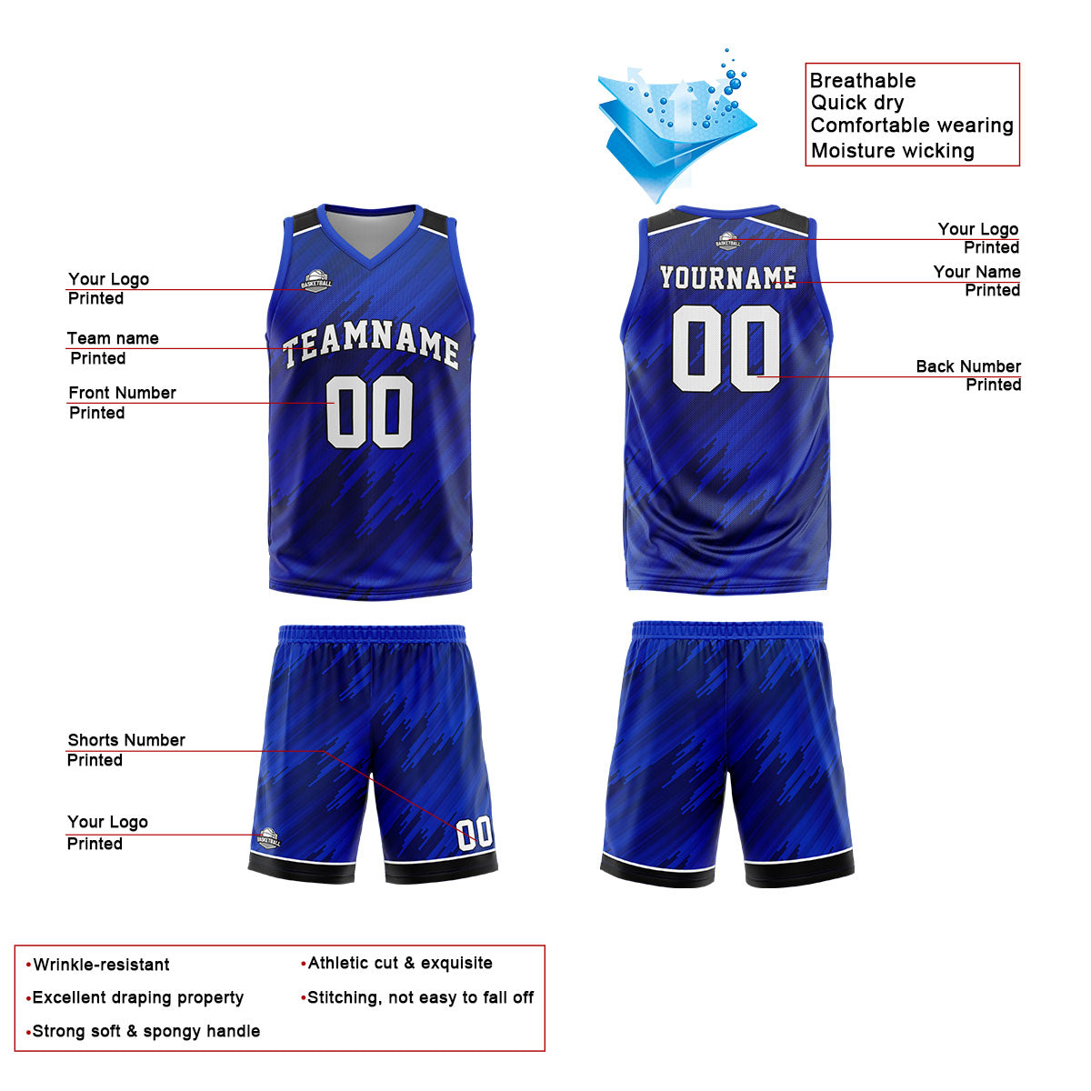 Custom Strip-Type Royal Basketball Jersey Uniform Suit Printed Your Logo Name Number