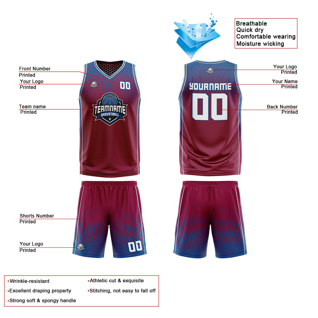 Custom Red White Blue Reversible Basketball Suit for Adults and Kids Personalized Jersey