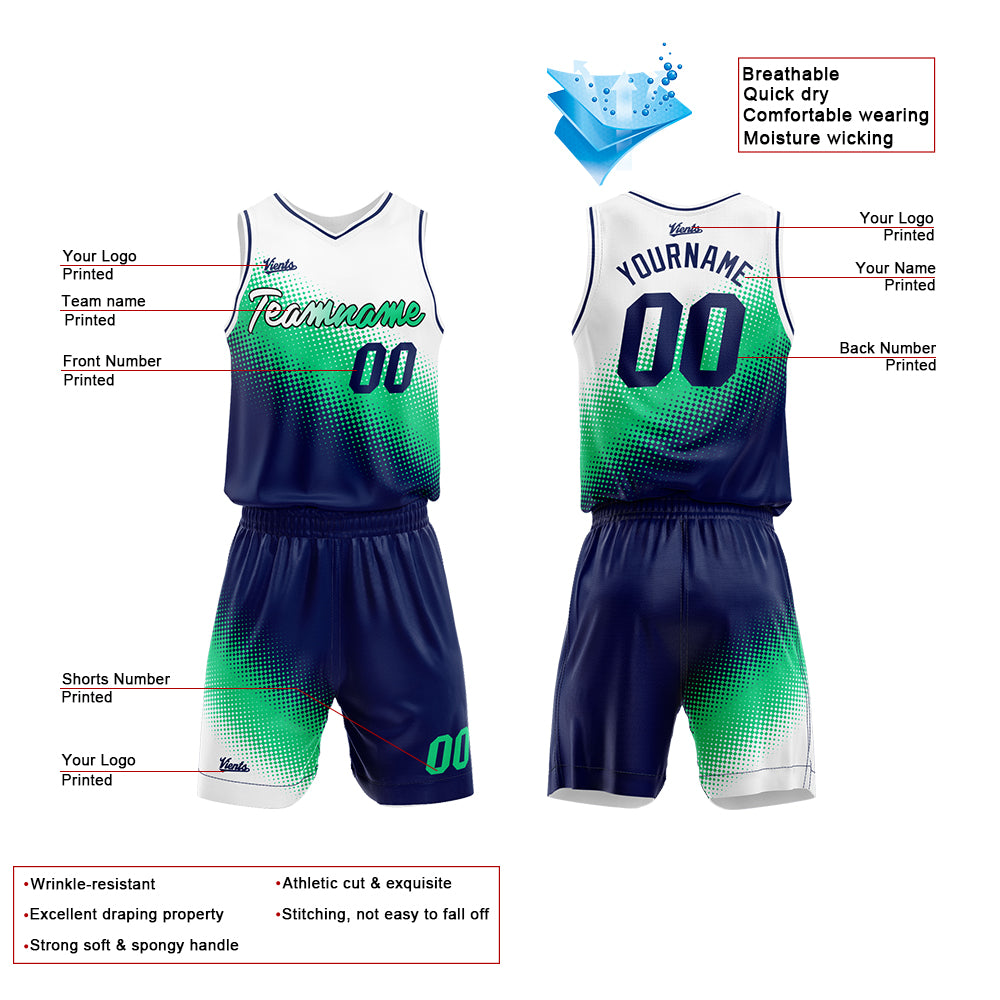 Custom White Green Navy Basketball Jersey Uniform Suit Printed Your Logo Name Number