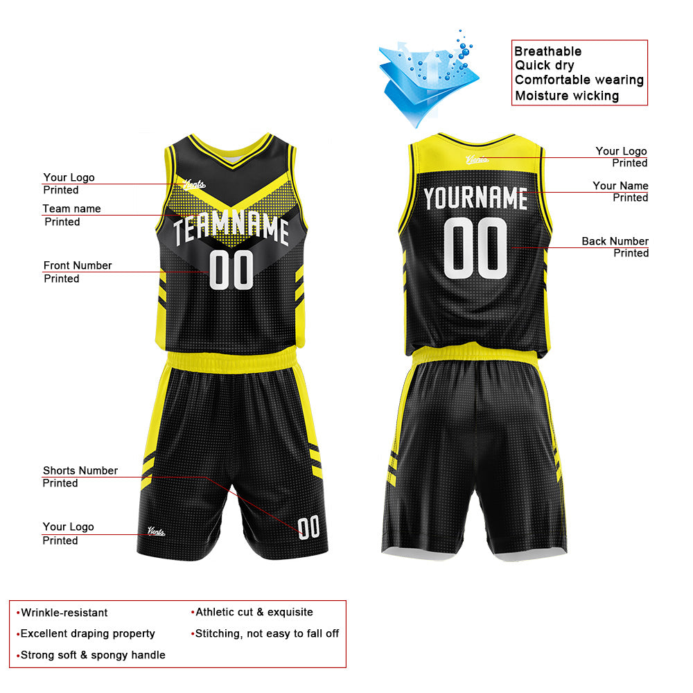 Custom Black Yellow Basketball Jersey Uniform Suit Printed Your Logo Name Number