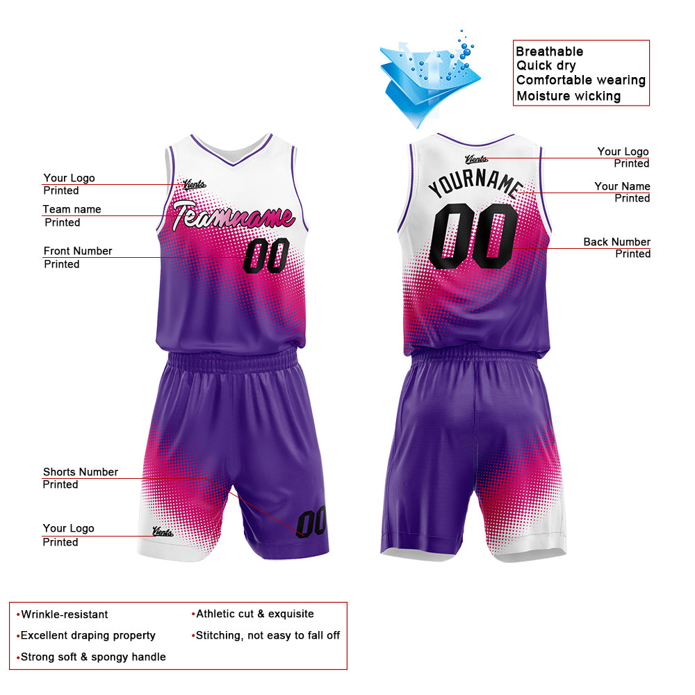 Custom White Hot Pink Purple Basketball Jersey Uniform Suit Printed Your Logo Name Number