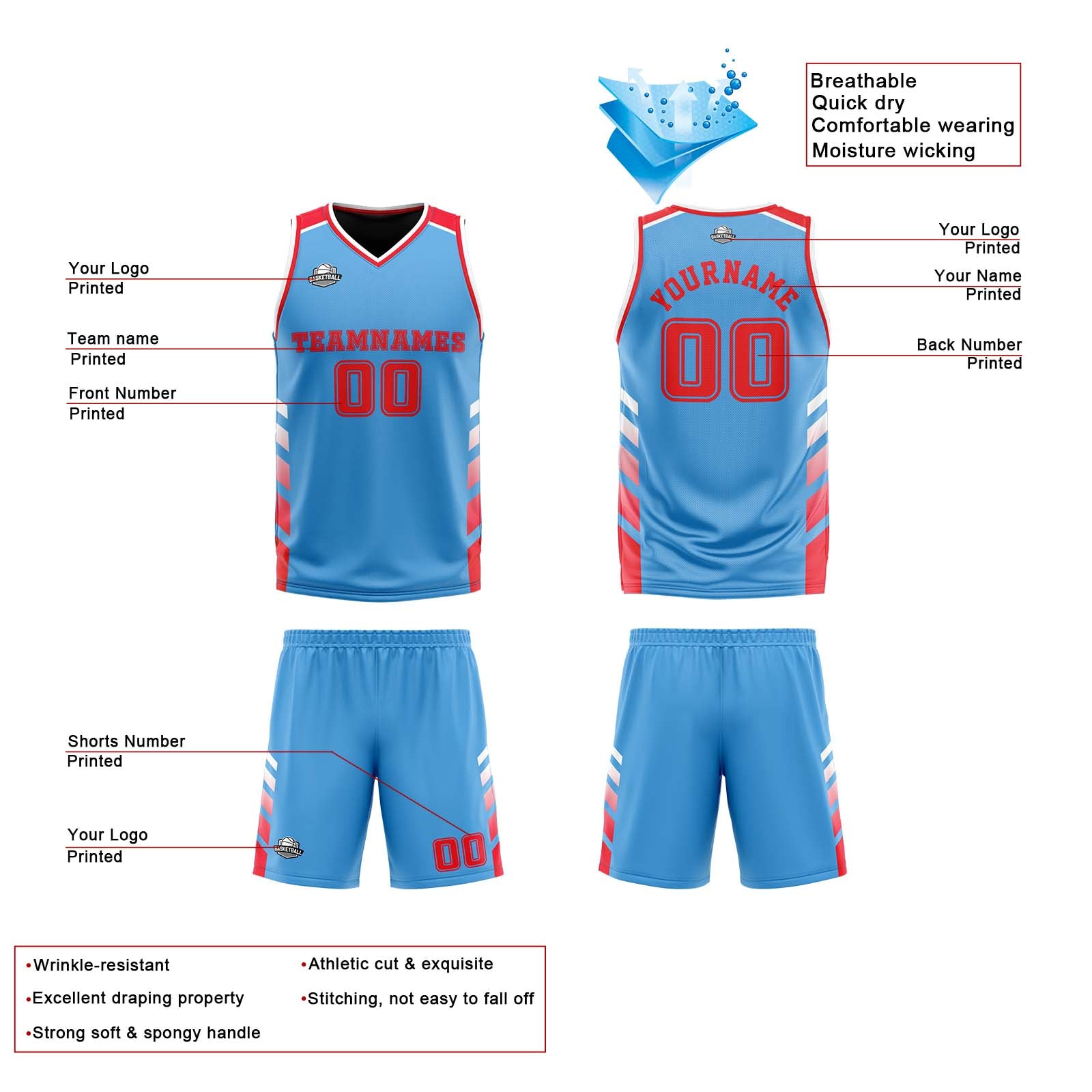 Custom Light Blue Navy Red Reversible Basketball Suit for Adults and Kids Personalized Jersey