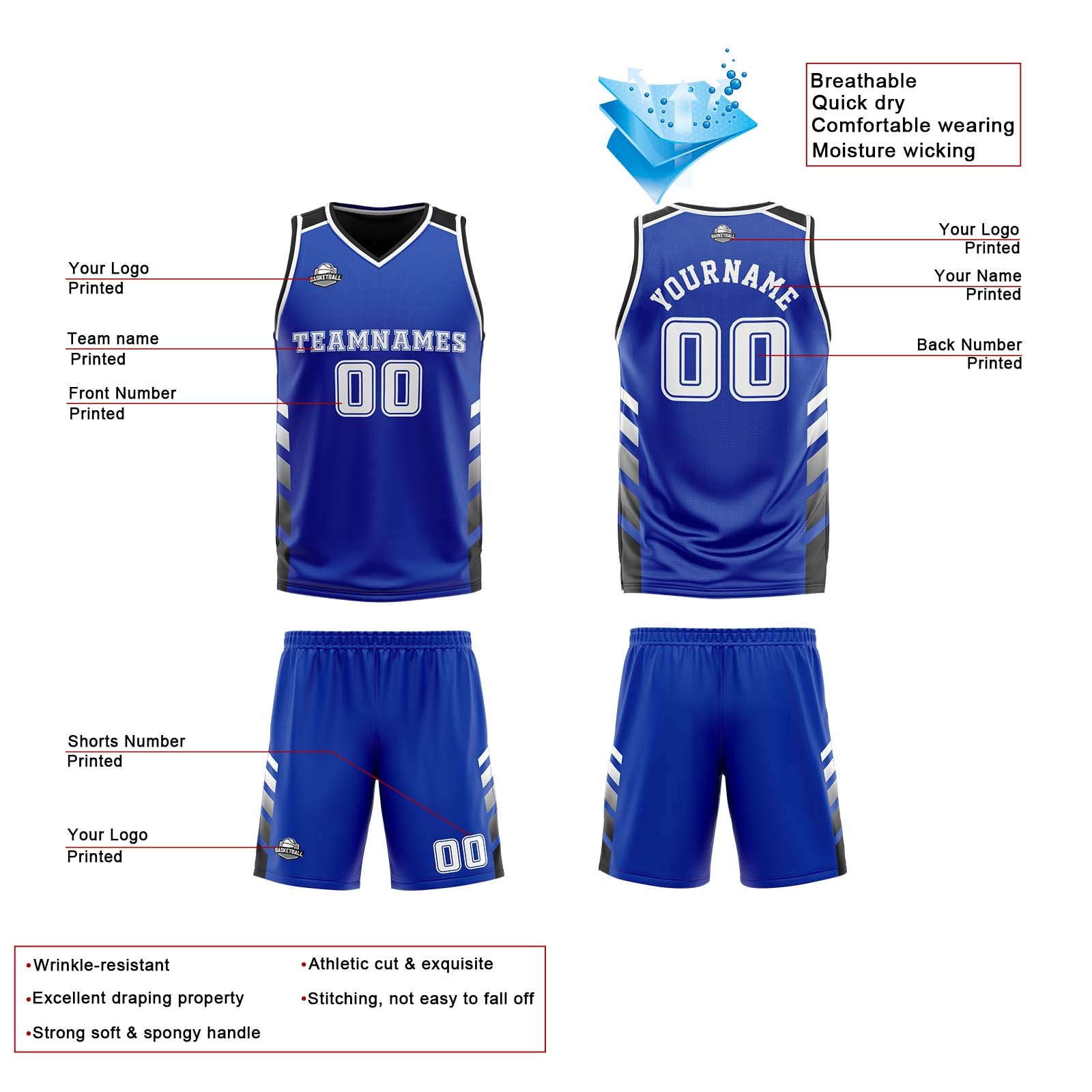 Custom Blue Black White Reversible Basketball Suit for Adults and Kids Personalized Jersey